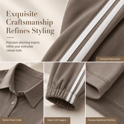 ⌛Limited-Time Offer-Women's Casual Two-Piece Lounge Set Featuring Oversized Button-Down Shirt and Jogger Pants with Side Stripes