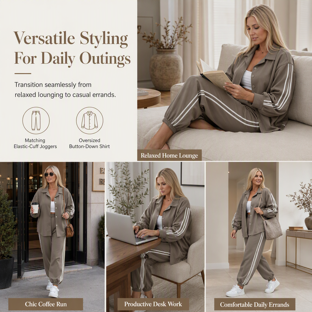 ⌛Limited-Time Offer-Women's Casual Two-Piece Lounge Set Featuring Oversized Button-Down Shirt and Jogger Pants with Side Stripes