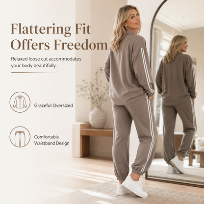 ⌛Limited-Time Offer-Women's Casual Two-Piece Lounge Set Featuring Oversized Button-Down Shirt and Jogger Pants with Side Stripes