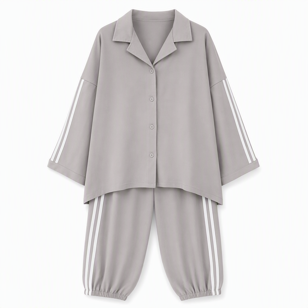 ⌛Limited-Time Offer-Women's Casual Two-Piece Lounge Set Featuring Oversized Button-Down Shirt and Jogger Pants with Side Stripes