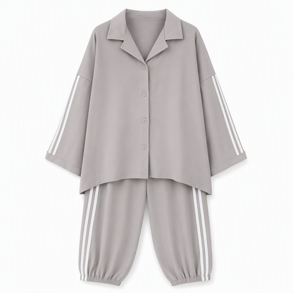 ⌛Limited-Time Offer-Women's Casual Two-Piece Lounge Set Featuring Oversized Button-Down Shirt and Jogger Pants with Side Stripes
