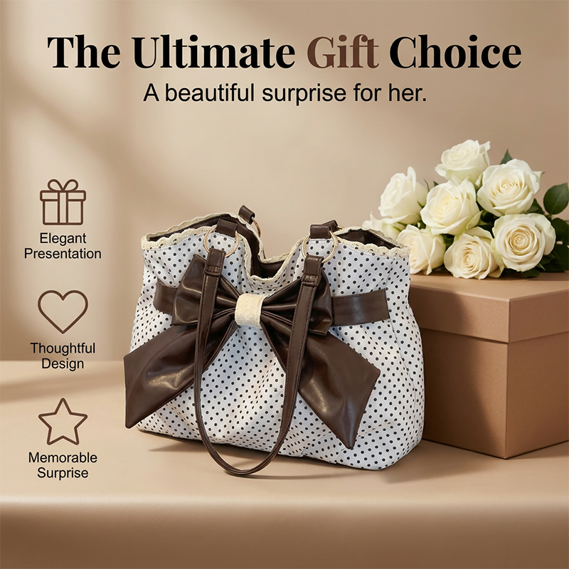 🎀 Polka Dot Charm | Women's Oversized Bow & Lace Shoulder Bag
