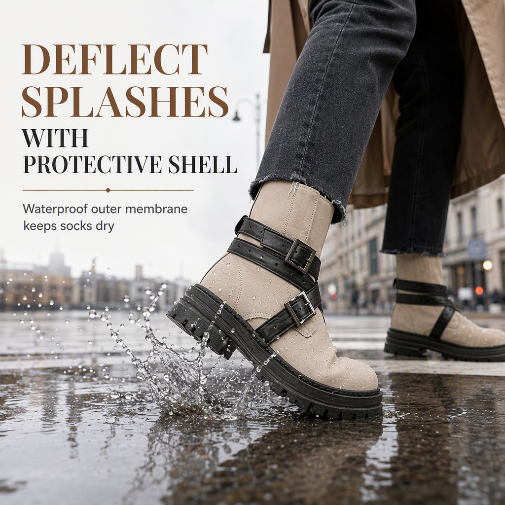 ⌛Limited-Time Offer-Women's Round Toe Boots with Buckle Strap Chunky Mid Heel Platform Ankle Boots