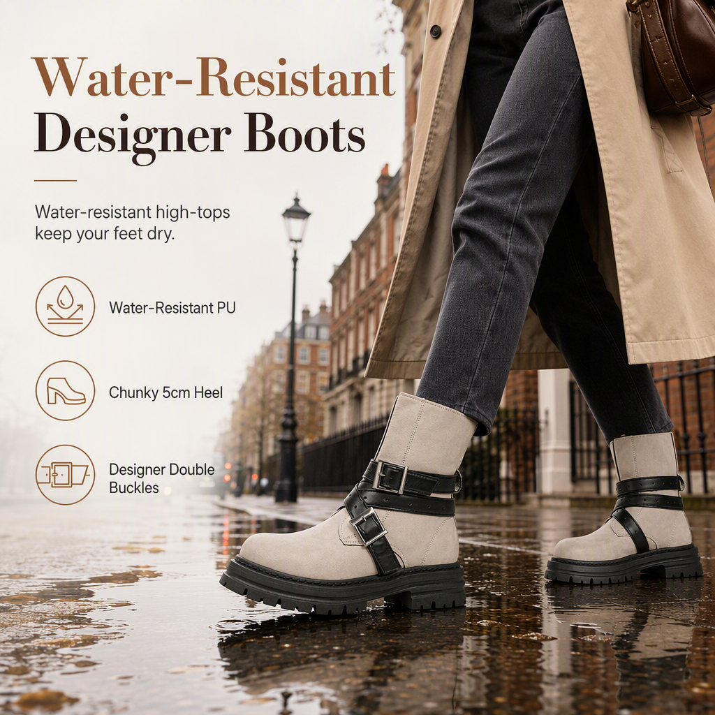 ⌛Limited-Time Offer-Women's Round Toe Boots with Buckle Strap Chunky Mid Heel Platform Ankle Boots