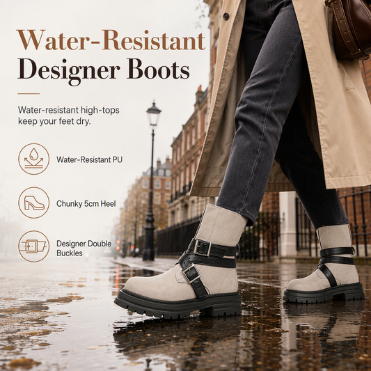 ⌛Limited-Time Offer-Women's Round Toe Boots with Buckle Strap Chunky Mid Heel Platform Ankle Boots