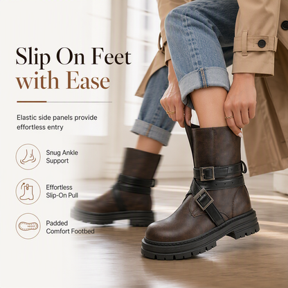 ⌛Limited-Time Offer-Women's Round Toe Boots with Buckle Strap Chunky Mid Heel Platform Ankle Boots