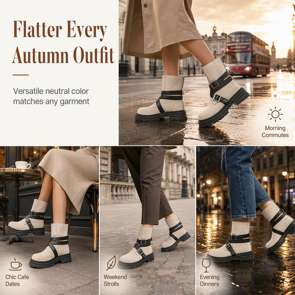 ⌛Limited-Time Offer-Women's Round Toe Boots with Buckle Strap Chunky Mid Heel Platform Ankle Boots