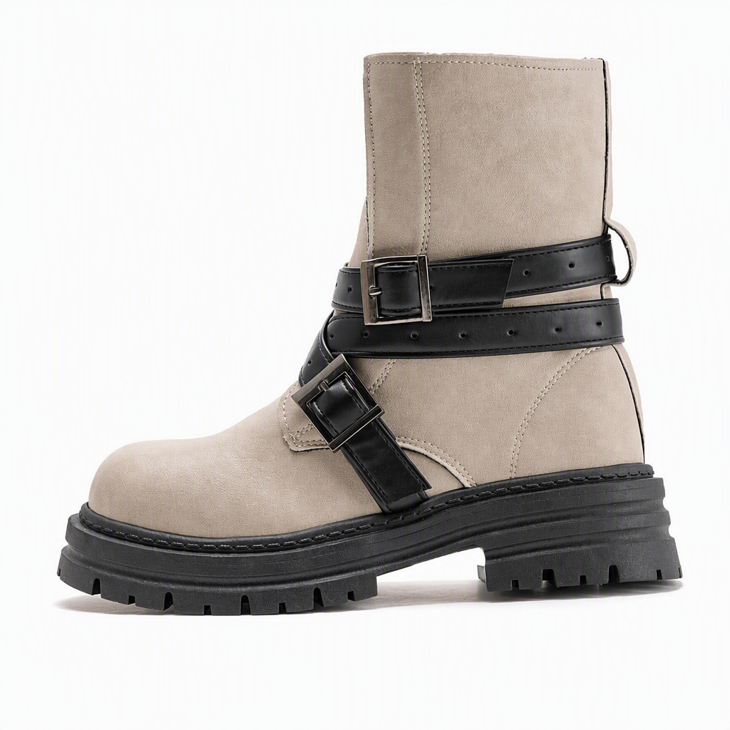 ⌛Limited-Time Offer-Women's Round Toe Boots with Buckle Strap Chunky Mid Heel Platform Ankle Boots