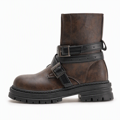 ⌛Limited-Time Offer-Women's Round Toe Boots with Buckle Strap Chunky Mid Heel Platform Ankle Boots