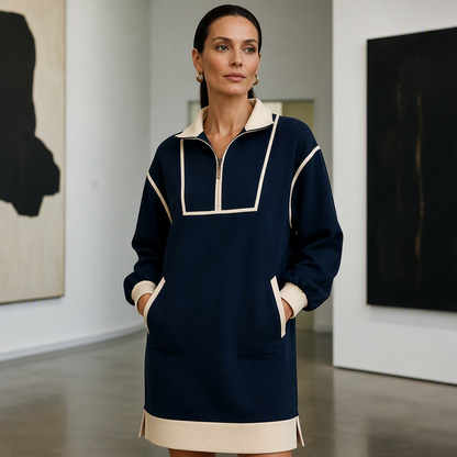 ✨ Sporty Comfort | Women's Half-Zip Relaxed Sweatshirt Dress with Side Pockets
