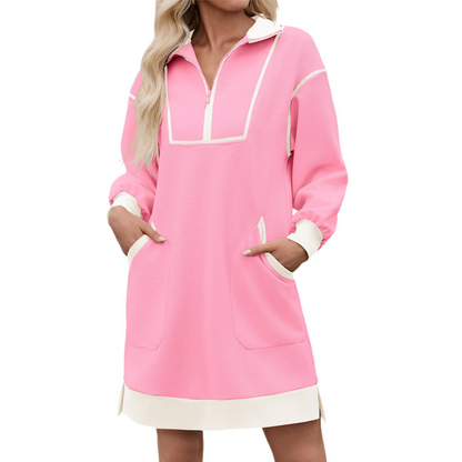 ✨ Sporty Comfort | Women's Half-Zip Relaxed Sweatshirt Dress with Side Pockets