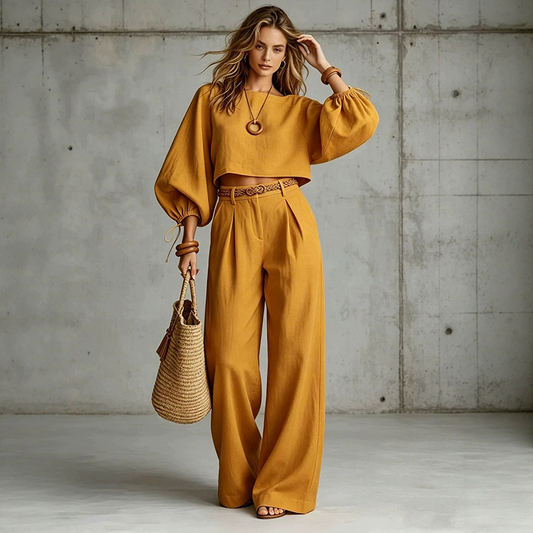 ✨ Effortless 2-Piece Style | Women's Cropped Top & Wide-Leg Pants Set