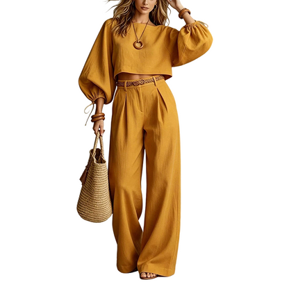 ✨ Effortless 2-Piece Style | Women's Cropped Top & Wide-Leg Pants Set