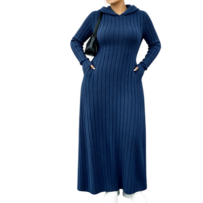 🧶 Textured Comfort | Women's Ribbed-Knit Hooded Maxi Dress with Pockets