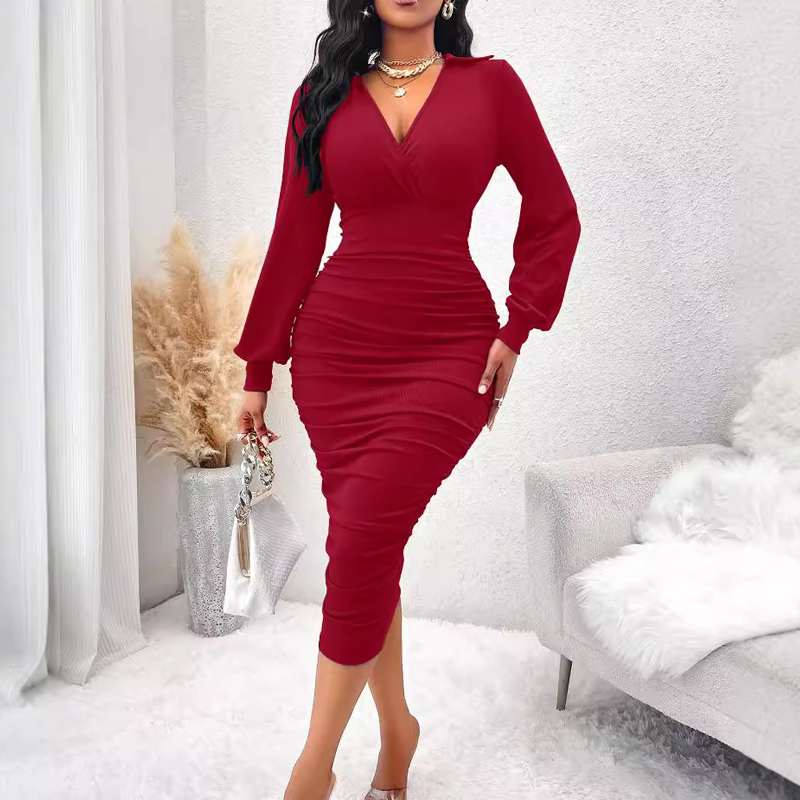 ✨ Feminine Elegance | Women's V-Neck Ruched Bodycon Dress with Lantern Sleeves