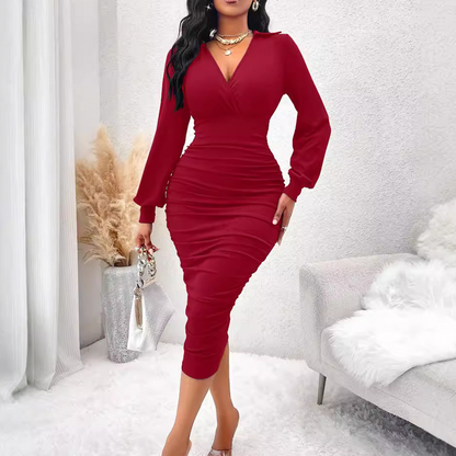 ✨ Feminine Elegance | Women's V-Neck Ruched Bodycon Dress with Lantern Sleeves