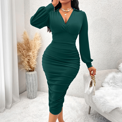 ✨ Feminine Elegance | Women's V-Neck Ruched Bodycon Dress with Lantern Sleeves