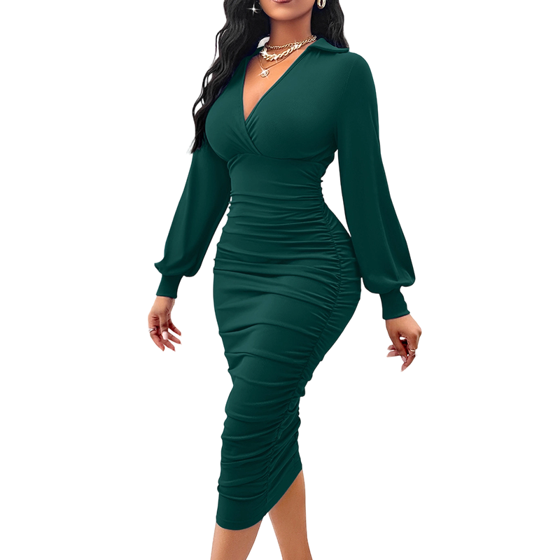 ✨ Feminine Elegance | Women's V-Neck Ruched Bodycon Dress with Lantern Sleeves
