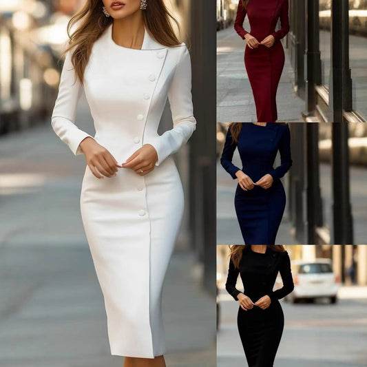✨ Modern Elegance | Women's Asymmetric-Collar Diagonal-Button Midi Dress
