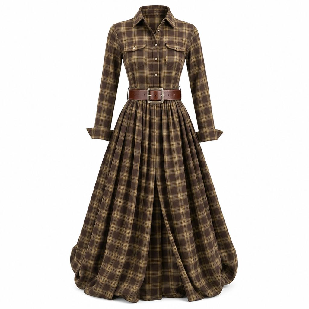 ✨ French-Inspired Elegance | Women's Plaid Cinched-Waist Pleated A-Line Dress