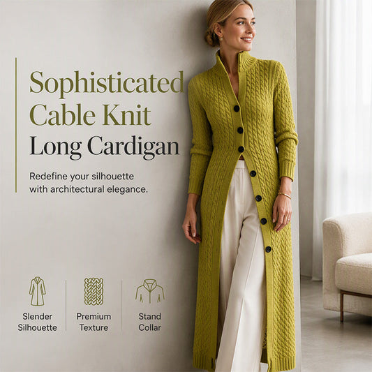 🧶 Timeless Warmth | Women's Cable-Knit Mock-Neck Longline Duster Cardigan