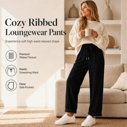 ✨ Easy Everyday Comfort | Women's Ribbed High-Waisted Drawstring Wide-Leg Pants