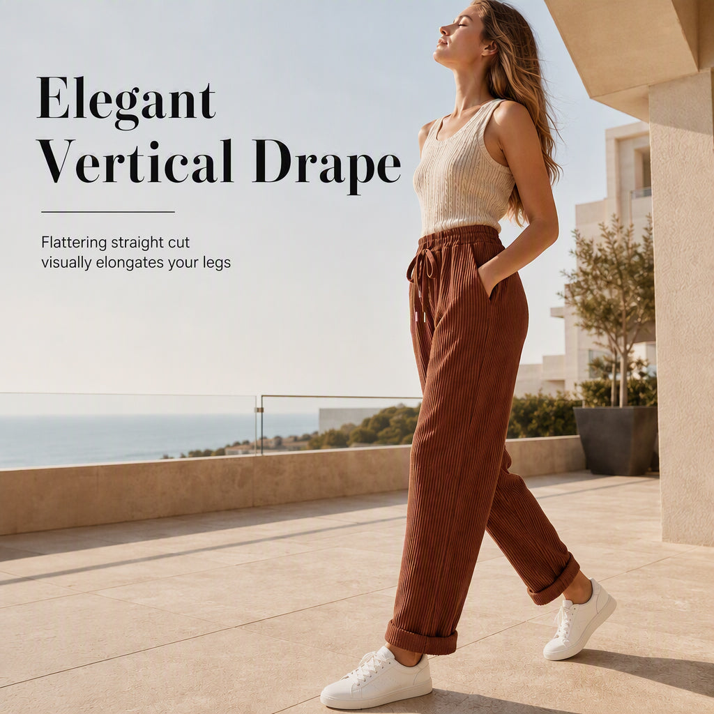 ✨ Easy Everyday Comfort | Women's Ribbed High-Waisted Drawstring Wide-Leg Pants