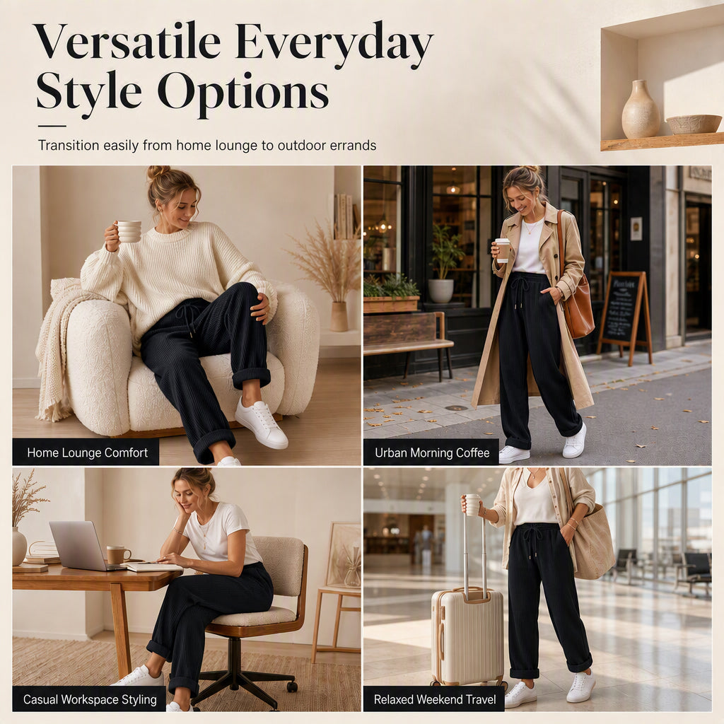 ✨ Easy Everyday Comfort | Women's Ribbed High-Waisted Drawstring Wide-Leg Pants