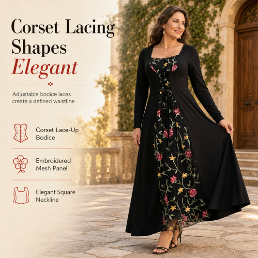 🌸 Statement Elegance | Women's Square-Neck Lace-Up Corset Maxi Dress