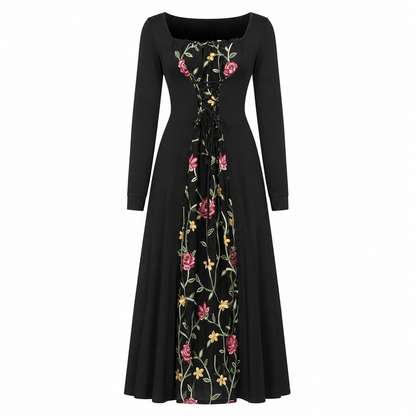 Black Long Sleeve Square Neck Lace Up Corset Maxi Dress with Floral Embroidered Mesh Panel