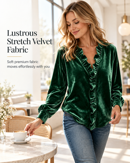 ✨ Vintage Elegance | Women's Stretch Velvet Blouse with Cascading Ruffle Collar