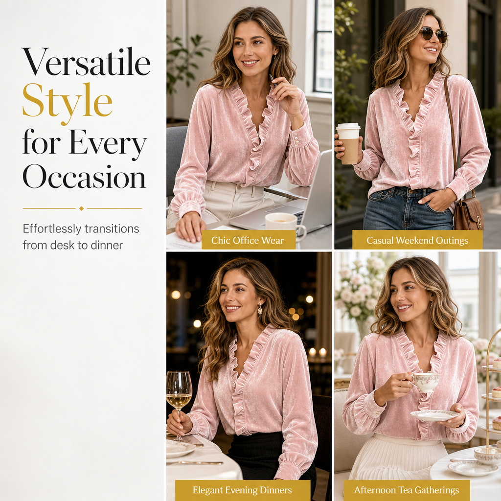 ✨ Vintage Elegance | Women's Stretch Velvet Blouse with Cascading Ruffle Collar
