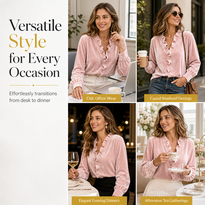 ✨ Vintage Elegance | Women's Stretch Velvet Blouse with Cascading Ruffle Collar