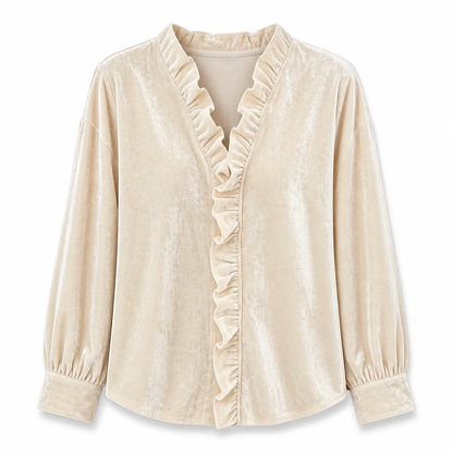 ✨ Vintage Elegance | Women's Stretch Velvet Blouse with Cascading Ruffle Collar