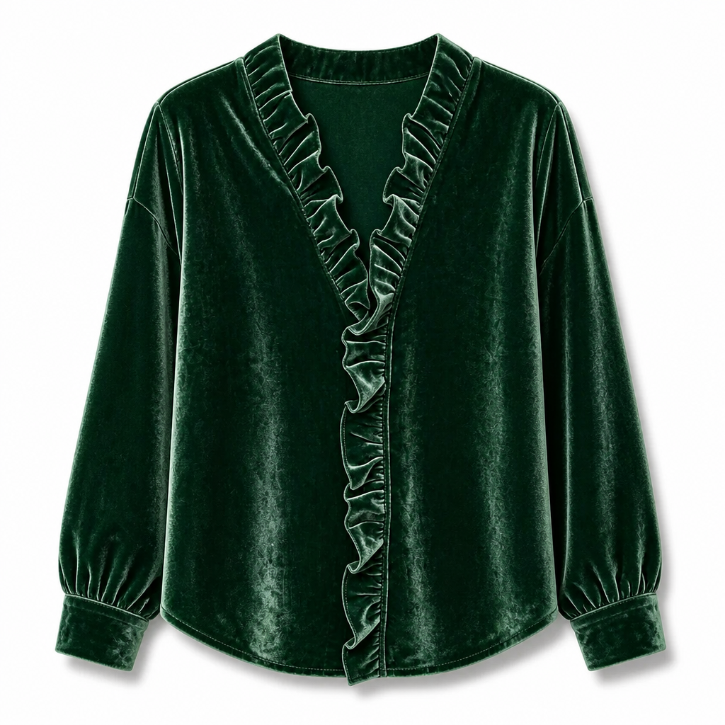 ✨ Vintage Elegance | Women's Stretch Velvet Blouse with Cascading Ruffle Collar