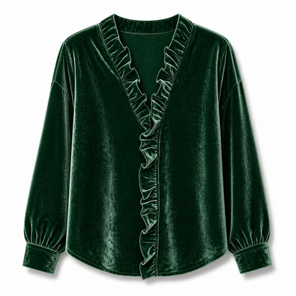 ✨ Vintage Elegance | Women's Stretch Velvet Blouse with Cascading Ruffle Collar