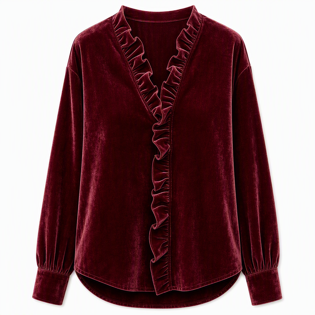 ✨ Vintage Elegance | Women's Stretch Velvet Blouse with Cascading Ruffle Collar