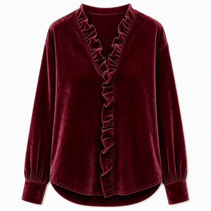 ✨ Vintage Elegance | Women's Stretch Velvet Blouse with Cascading Ruffle Collar