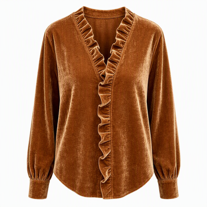 ✨ Vintage Elegance | Women's Stretch Velvet Blouse with Cascading Ruffle Collar