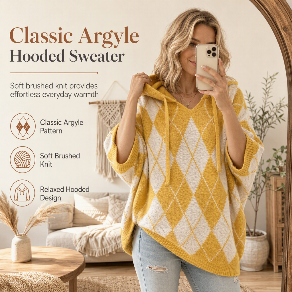 🧶 Cozy Retro Style | Women's Argyle Hooded Oversized Knit Sweater with Side-Split Hem