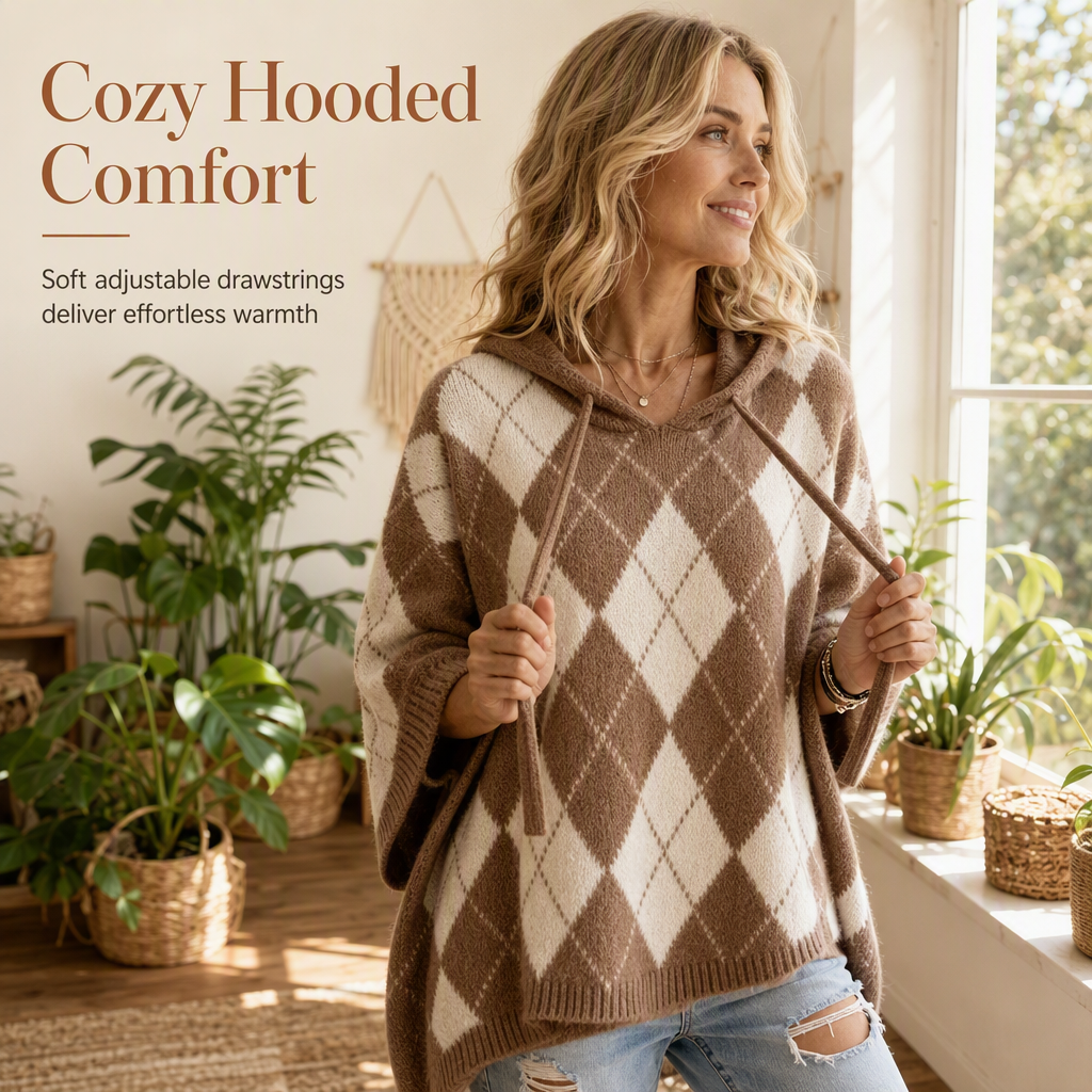 🧶 Cozy Retro Style | Women's Argyle Hooded Oversized Knit Sweater with Side-Split Hem