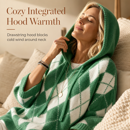 🧶 Cozy Retro Style | Women's Argyle Hooded Oversized Knit Sweater with Side-Split Hem