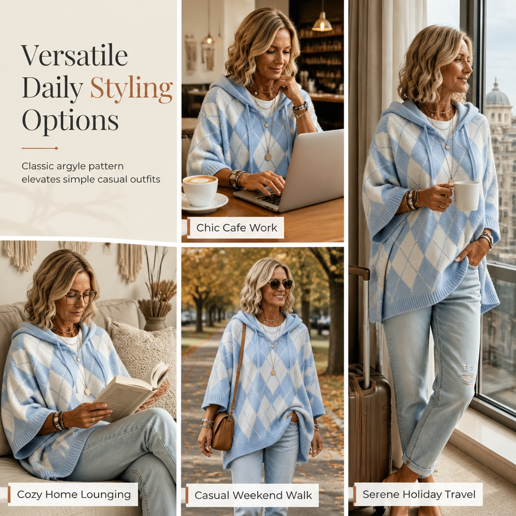 🧶 Cozy Retro Style | Women's Argyle Hooded Oversized Knit Sweater with Side-Split Hem