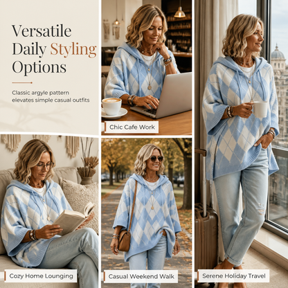 🧶 Cozy Retro Style | Women's Argyle Hooded Oversized Knit Sweater with Side-Split Hem