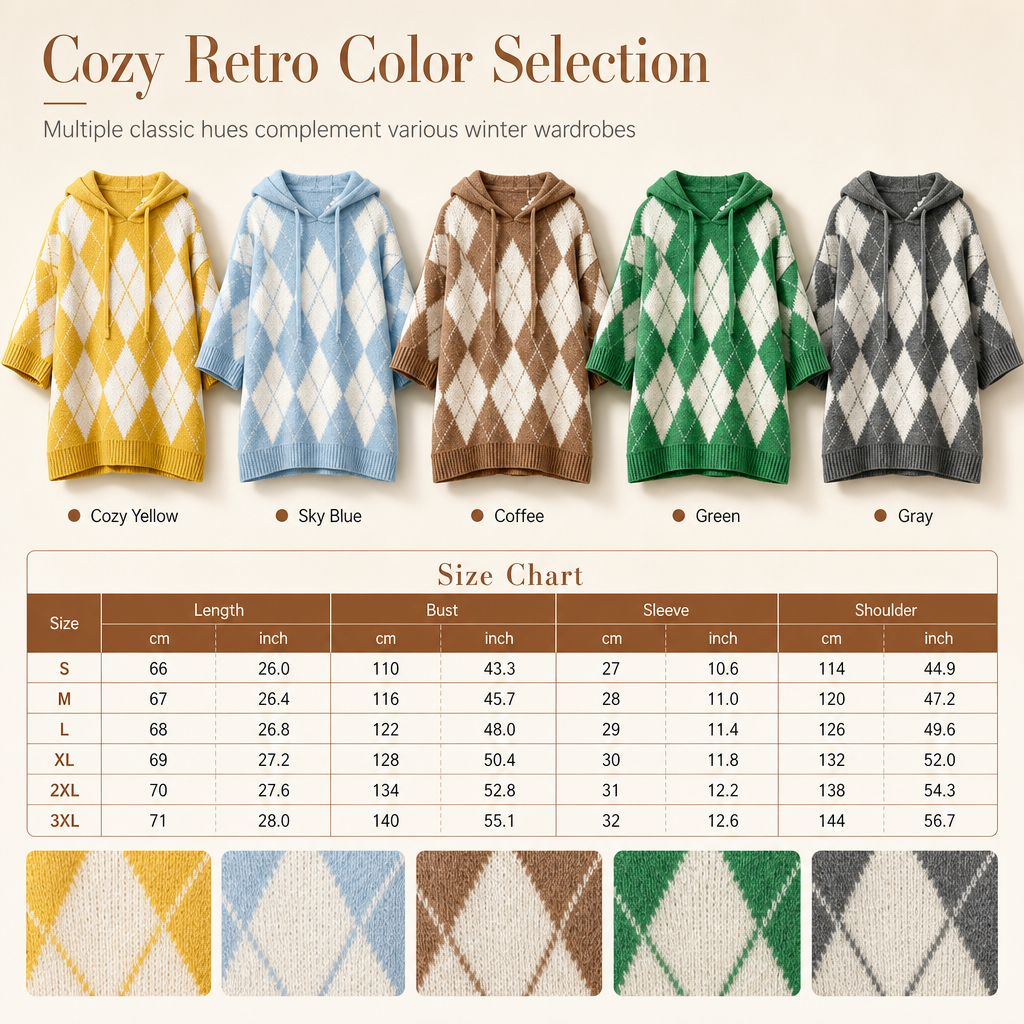 🧶 Cozy Retro Style | Women's Argyle Hooded Oversized Knit Sweater with Side-Split Hem