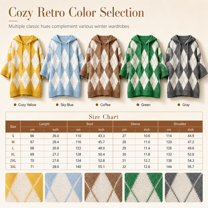 🧶 Cozy Retro Style | Women's Argyle Hooded Oversized Knit Sweater with Side-Split Hem