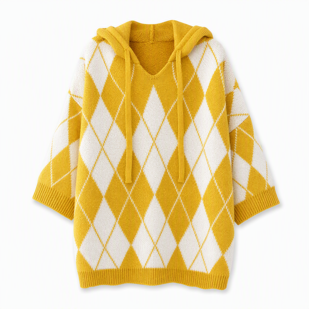🧶 Cozy Retro Style | Women's Argyle Hooded Oversized Knit Sweater with Side-Split Hem