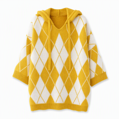 🧶 Cozy Retro Style | Women's Argyle Hooded Oversized Knit Sweater with Side-Split Hem