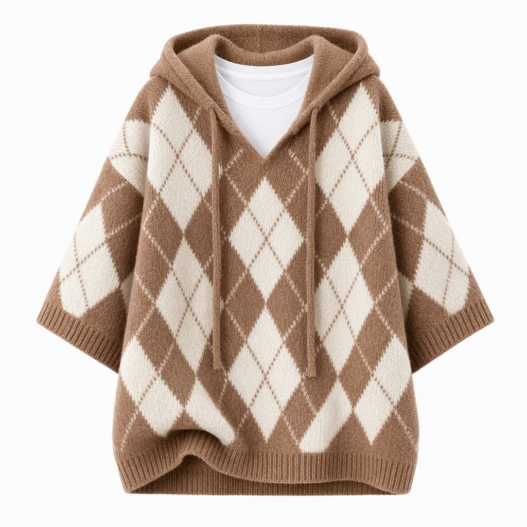 🧶 Cozy Retro Style | Women's Argyle Hooded Oversized Knit Sweater with Side-Split Hem