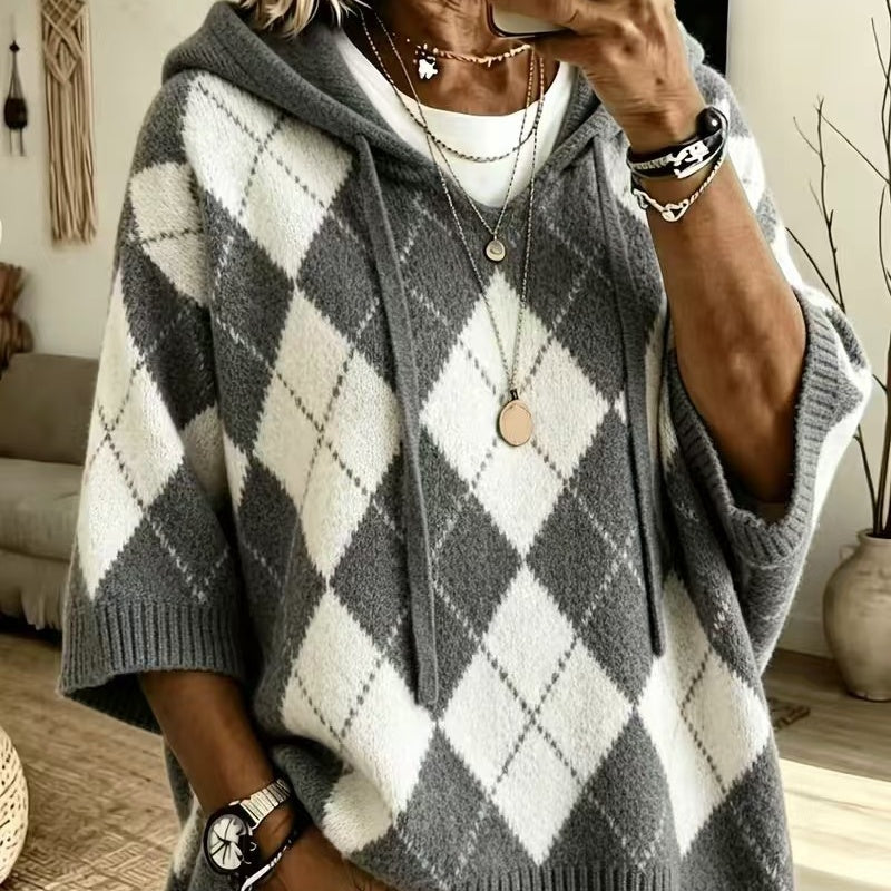 🧶 Cozy Retro Style | Women's Argyle Hooded Oversized Knit Sweater with Side-Split Hem